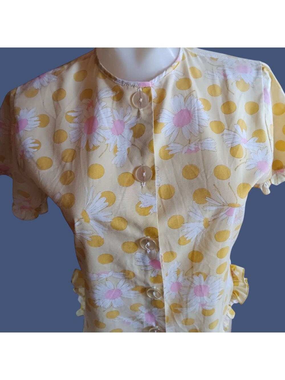 Vintage Small 1960's Top Polka Dot Ruffle Trim Waha Texas Granny Yellow